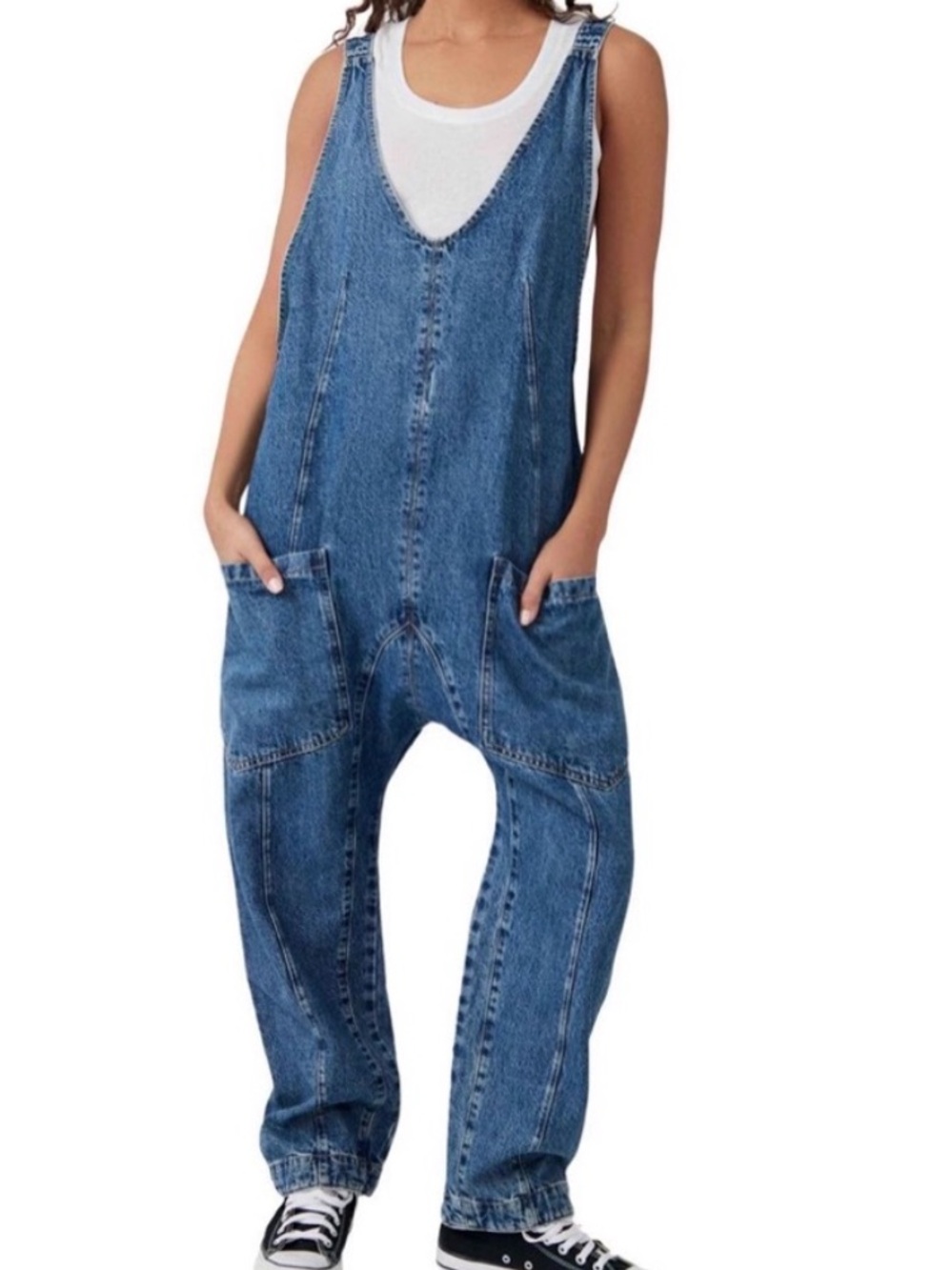 Free People Mid-Blue High Roller Relaxed Overalls